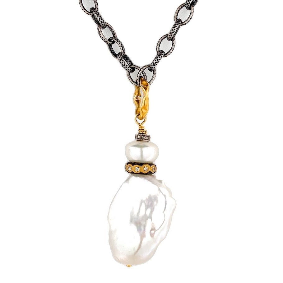 Diamonds and White Baroque Pearl Necklace