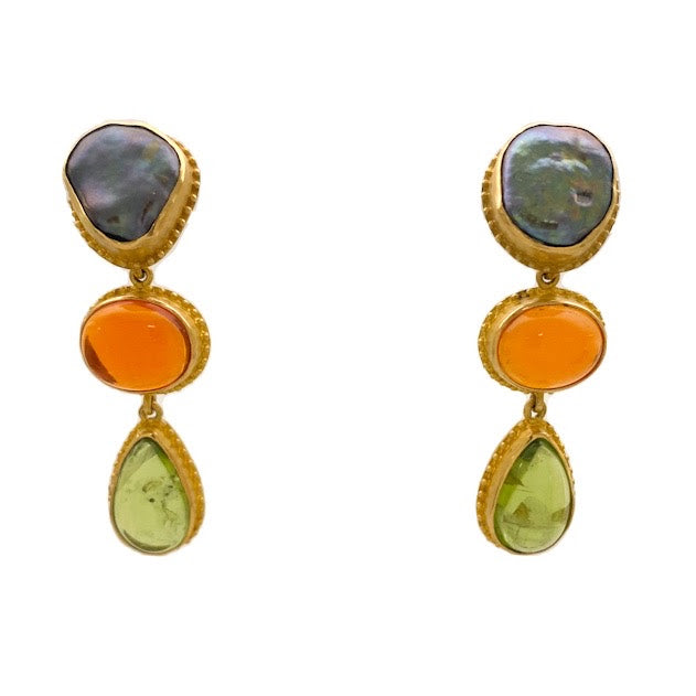 Fishnet Opal, Peridot, and Pearl Earrings