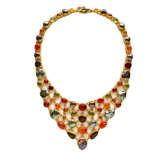 Agate, Opal, and Tahitian Pearl Fishnet Bib Necklace