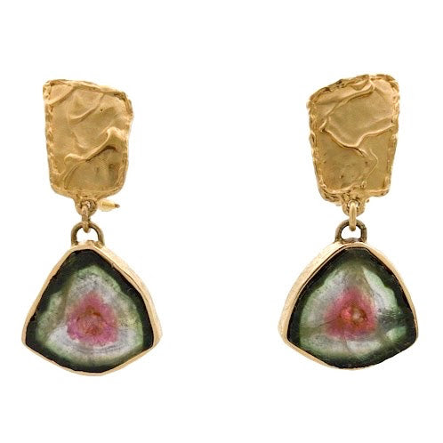 Watermelon Tourmaline crystal slice earrings