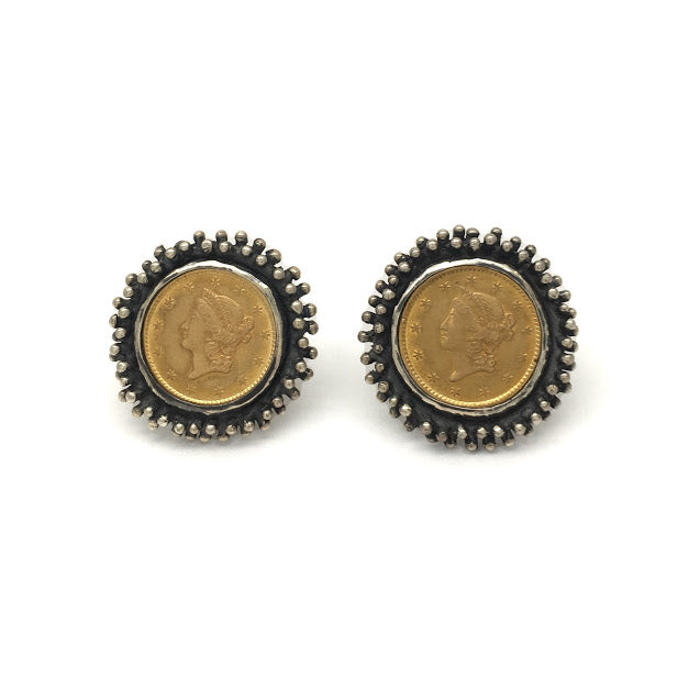 U.S. one dollar gold coin from 1800's set in mock granulation sterling bezels