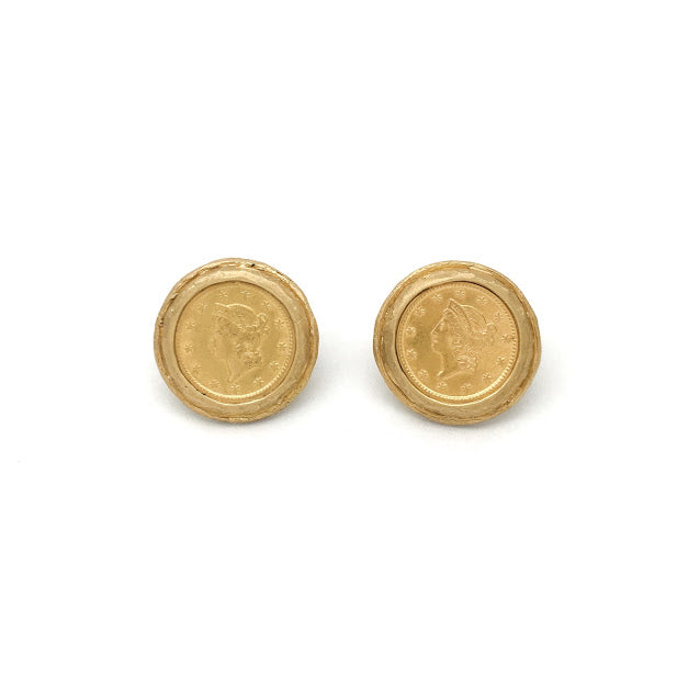 Stud earrings with friction backs U.S. one dollar gold coins from the 1800's set in textured bezel