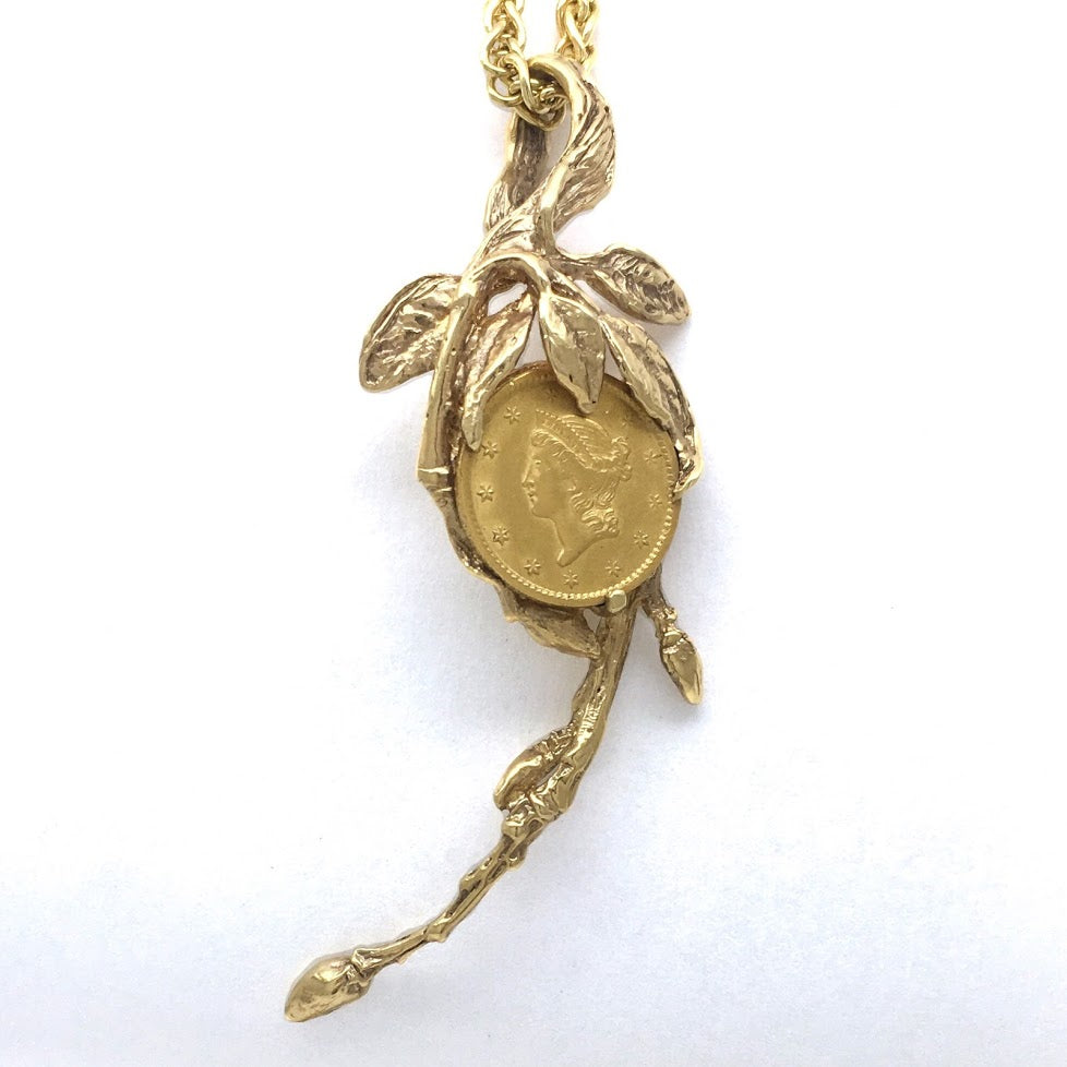 Leaf cluster with twigs and buds set with an 1851 U.S. gold dollar