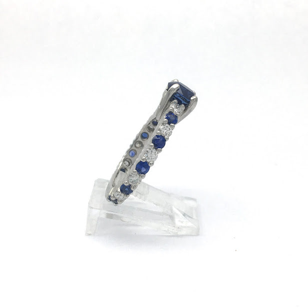 Platinum, blue sapphire, and diamond ring