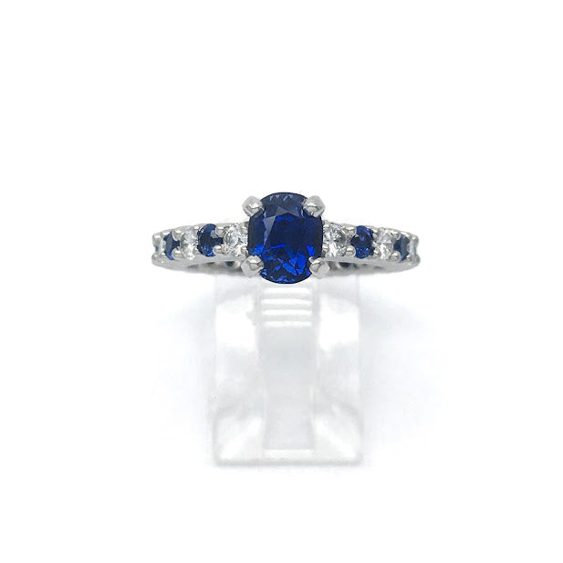 Platinum, blue sapphire, and diamond ring