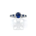 Platinum, blue sapphire, and diamond ring