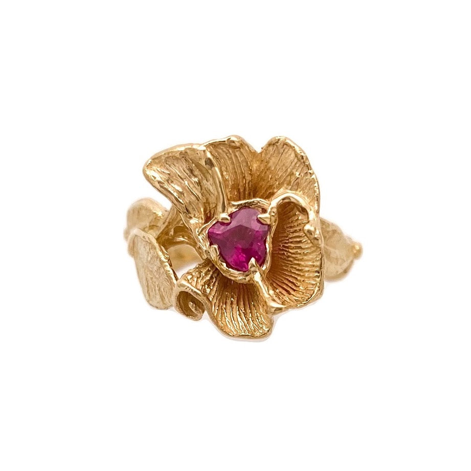Bloom and a String of Leaves Band with a Heart Ruby