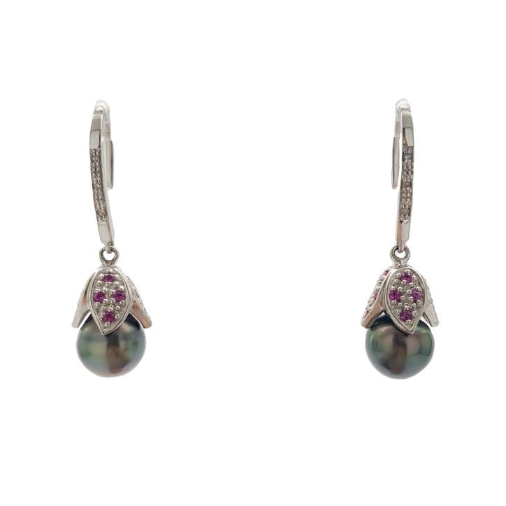 Tahition pearl and pink sapphire flower petal dangles