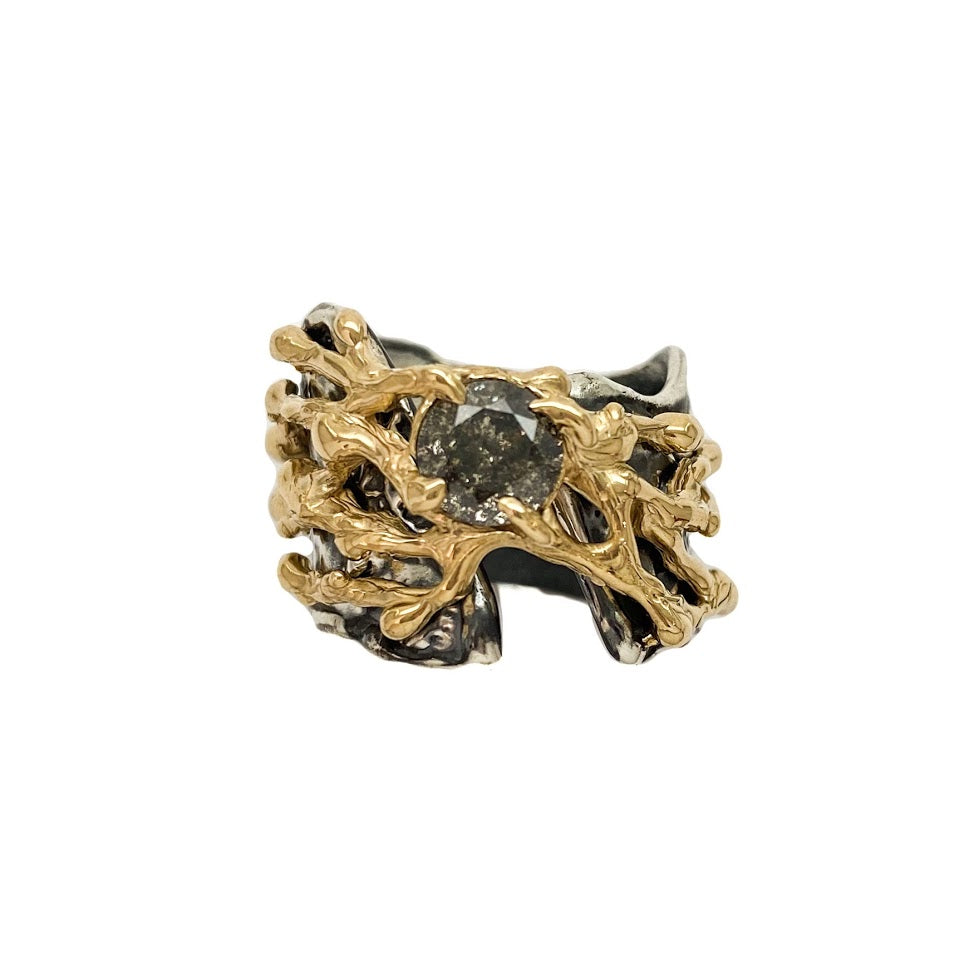 Gold lace over a fluid silver band set with a natural black diamond