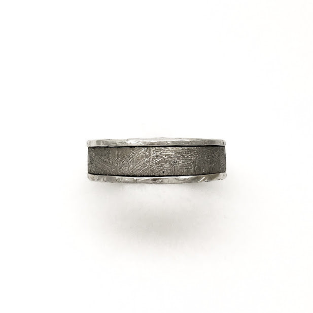 Meteorite band with white gold edges and lining