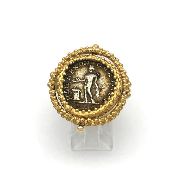 Caste granulation stirrup ring featuring an ancient Dentrius, Septimius Severus coin from 206 CE