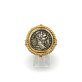 Caste granulation stirrup ring featuring an ancient Dentrius, Septimius Severus coin from 206 CE