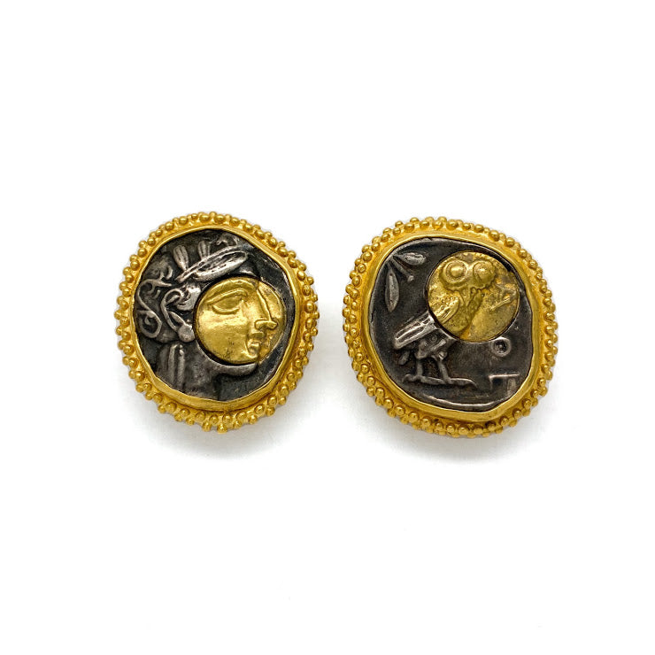 Replica of an ancient Athena and owl silver coin. A modern day gold and silver transposition from an ancient Roman silver coin.