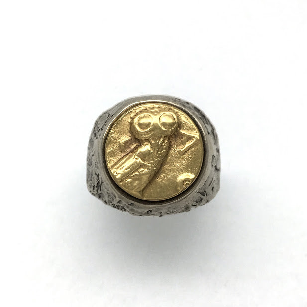 Athenian owl set into a pallet knife textured sterling band