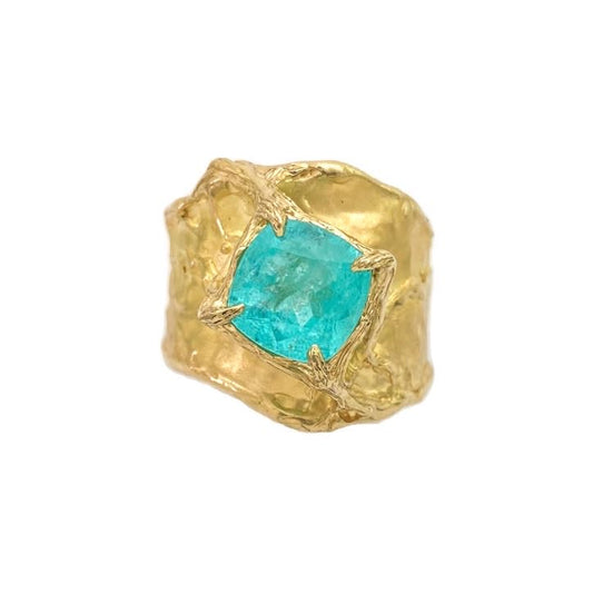 Fluid band rising up to support a Paraiba Tourmaline