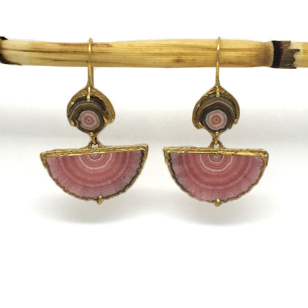 Rhodochrosite slice dangle earrings with locking shepard hooks