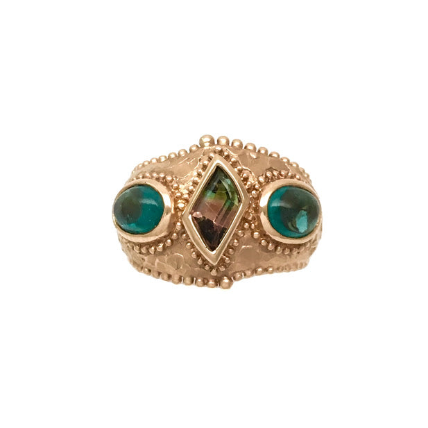 Pallet knife band and caste granulation ring set with two green oval tourmalines and one party color parallelogram tourmaline