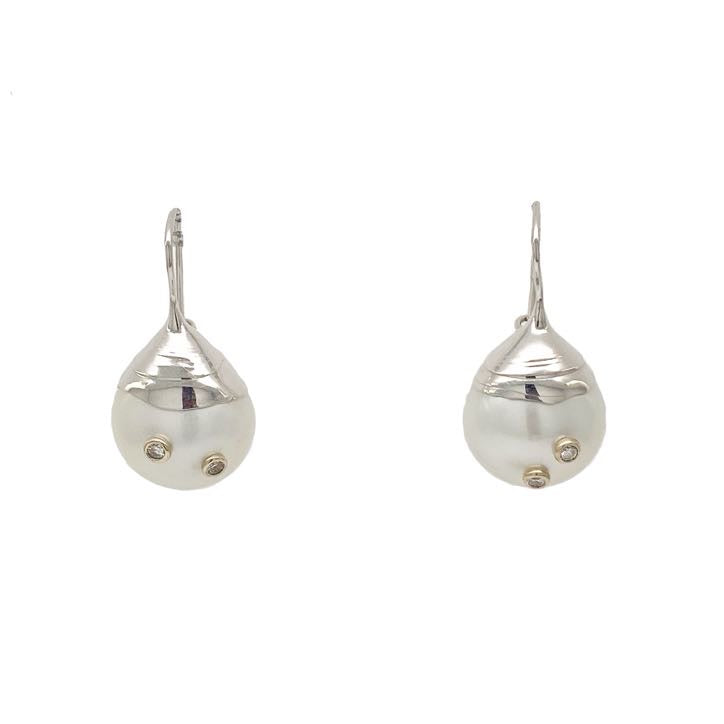 Button shape South Sea pearls with bezel set diamonds