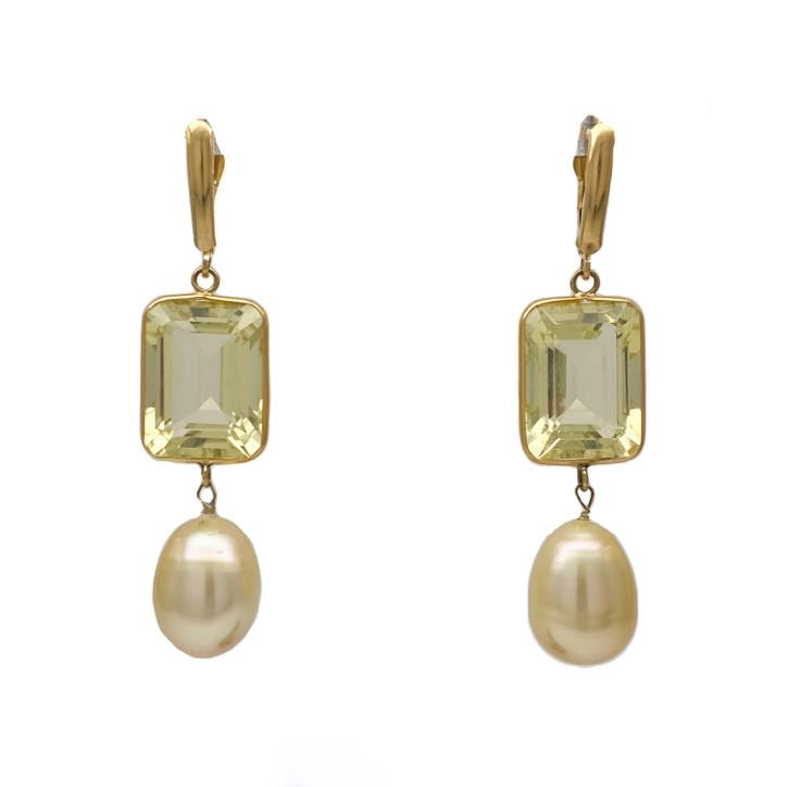 Golden South Sea pearl with green Topaz dangles