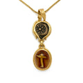 Sardonyx carnation featuring a cross shape inclusion and hanging from the smallest denomination of Roman coinage, often called a widow's Mite